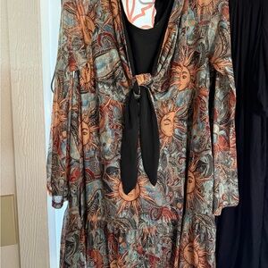 SHEIN Sun and Moon Print Blouse - Black and Orange